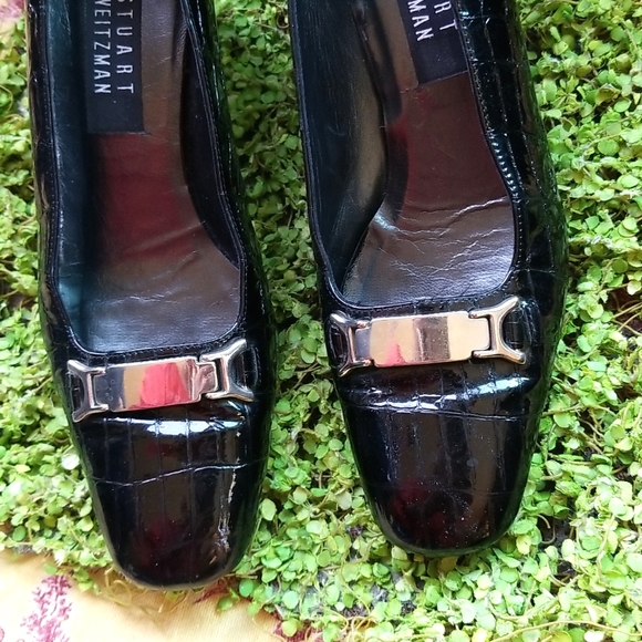 STUART WEITZMAN Crocodile Black Patent Leather Silver Buckle Pump Heels Shoes 8N - Picture 6 of 12